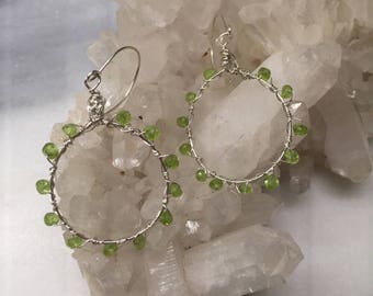 Peridot Gemstone and Sterling Silver Hoops Hand forged Wire Wrapped Hoop Dangle Earrings Genuine Peridot August Birthstone Jewelry