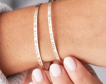 Delicate Thin Personalized Cuff, Thin Cuff Bracelet, Skinny Mantra Bracelet, Stacking Bracelet in Sterling Silver, Gold Fill Cuff