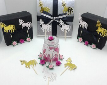 24 cupcake toppers/decorations. Pale pink glitter unicorns & metallic gold unicorns. Girls birthdays. Girls christenings/baptisms.UK seller