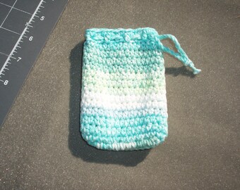 blue and white handmade cotton crochet soap saver soap sack -- 119