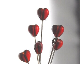 Ruby red Heart Straight Pins - Set of 6 medium long glass head pins