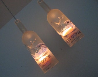 Upcycled Grey Goose bottle hurricane candle holder, outdoor lighting, Recycled bottle Art, Hanging hurricane lamp
