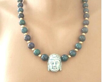 Jade beads and ceramic raku Buddha head necklace