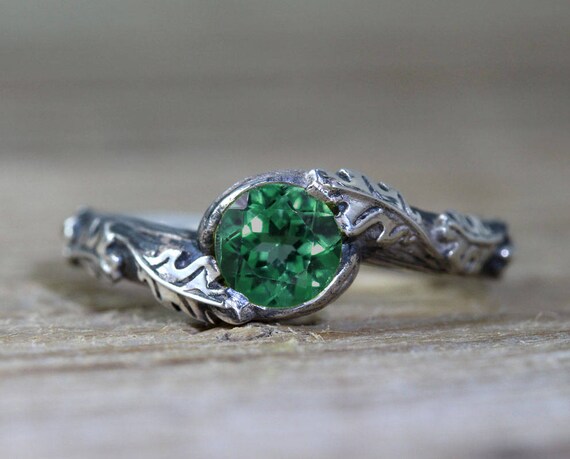 Emerald Leaf Engagement Ring Silver Emerald Leaf Ring Leaf