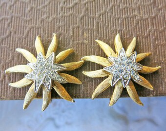 Vintage Clip on Earrings Vintage Earrings Bridal Earrings Gold Flower Earrings Rhinestone Earrings Bridal Wedding Jewelry Statement Earrings