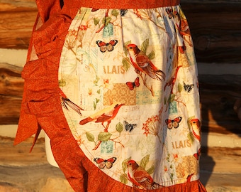 Apron Kitchen Cook Cooking Hostess Pockets Washable Birds Butterflies Fun Useful Washable Rust Cream Blue Tie Back
