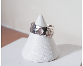 Handmade Thick Hammered Sterling Silver Ring With Rose Quartz Gemstone