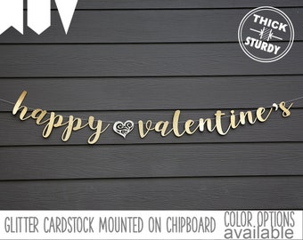 happy valentines banner, with lace heart, valentine's decor, glitter party decorations, cursive banner