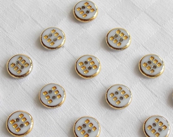 24 beautiful 2-hole opaque white glass buttons with very fine golden trim - (13 mm - 1/2 in.)