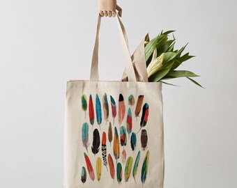 Feathers Tote Bag, Canvas Tote Bag, Fair Trade, canvas bag, feather, shoulder bag, shopper, feather print, gift for her, tote bag for women