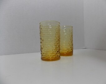 2 Soreno juice glasses in harvest gold amber gold Anchor Hocking Juice Glasses Tumblers Crinckle Pattern textured glass yellow glassware