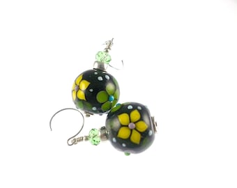 Black Lampwork Earrings, Glass Bead Earrings, Lampwork Jewelry, Yellow Flower Earrings, Beadwork Earrings, Green Glass Bead Jewelry