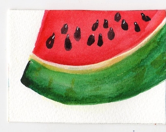 ACEO Watermelon watercolors paintings original, small fruit Art Card, kitchen decor, miniature painting, SharonFosterArt, SharonFosterArt