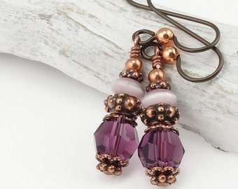 Copper Earrings Purple Earrings Copper and Purple Jewelry with Niobium Hooks Wires Bohemian Jewelry Boho Chic Earrings Amethyst Purple