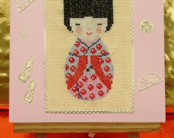 Card embroidered Kokeshi doll, Japanese doll