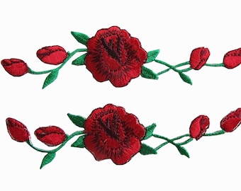 Pair of red rose patches - Embroidered Applique Iron On for Vans, Bags, Shirts, Jeans