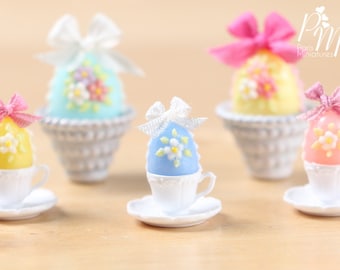 Candy Easter Egg Decorated with Blossoms in Egg Cup - Wedgwood Blue Egg - Miniature Food in 12th Scale