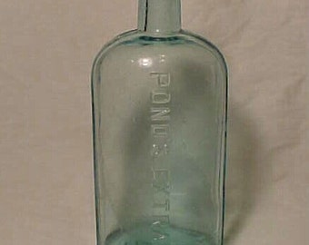 c1890s Pond's Extract 1846 , Aqua Glass Cork Top Blown Glass Medicine Bottle No. 1