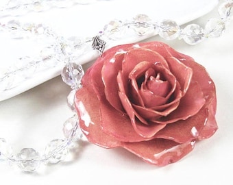 Large Real Rose Crystal Necklace - Pink, Flower Necklace, Real Flower Jewelry, Nature Jewelry, Crystal Necklace, Statement Necklace