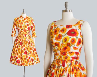 Vintage 1950s Dress Set | 50s JONATHAN LOGAN Floral Print Cotton Sundress Orange Yellow Full Skirt Day Dress Matching Bolero Jacket (small)