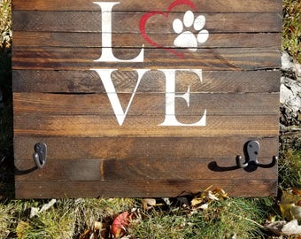 Dog Leash Holder-LOVE-16" x 18"-Reclaimed Rustic Pet Leash Holder