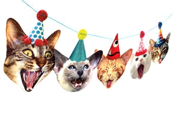 Cats Birthday Garland - photo reproductions on felt - funny cat portraits birthday banner