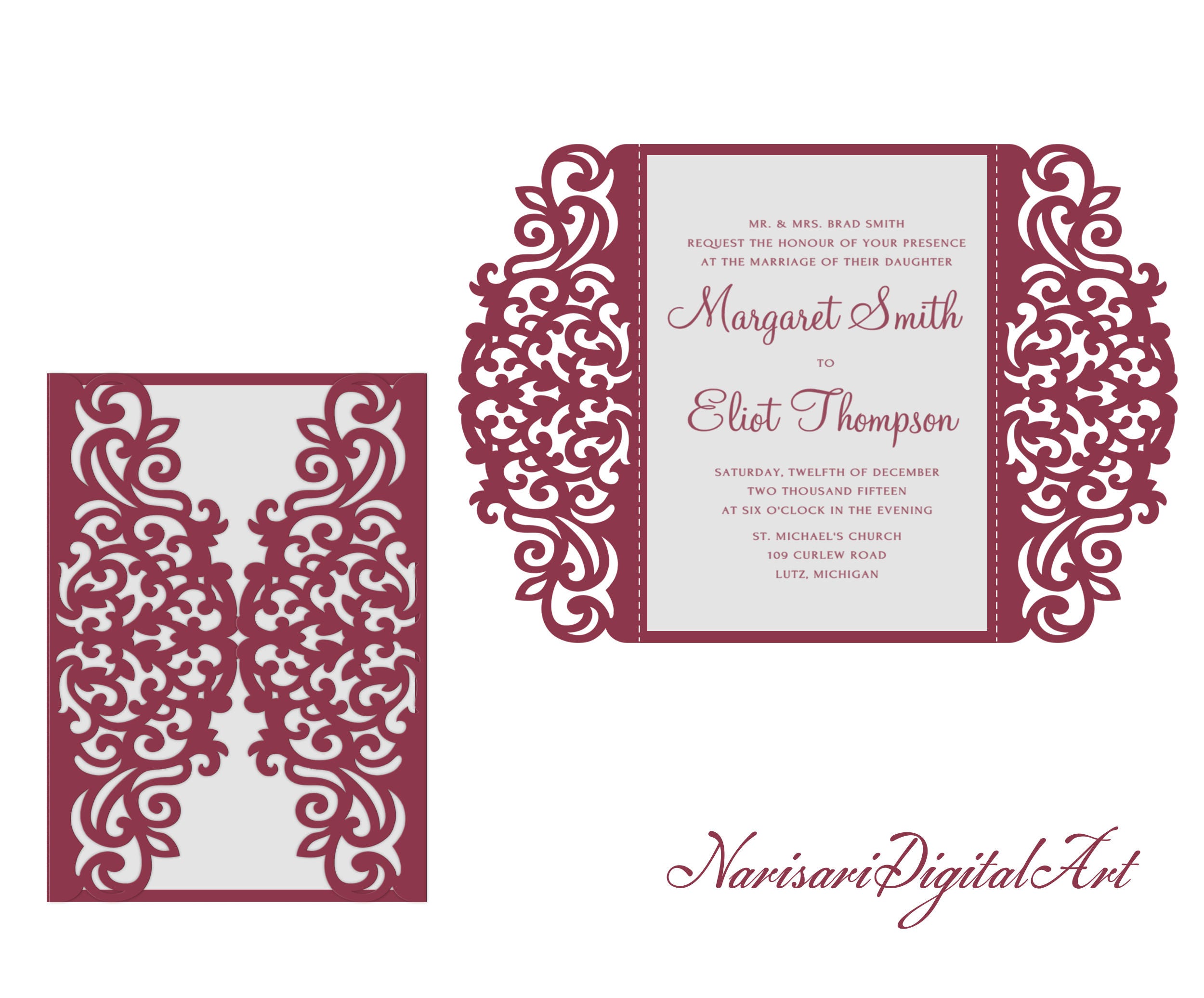 Download 5x7'' SVG DXF CDR Gate-fold Wedding Invitation Card laser Cut