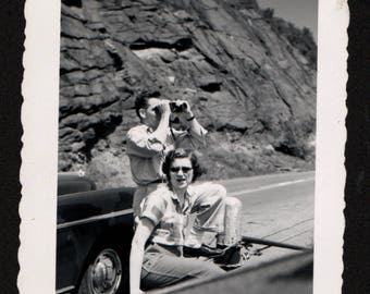 Vintage Snapshot Photo Man and Woman Seeing the Sights Roadside Binoculars 1950's, Original Found Photo, Vernacular Photography