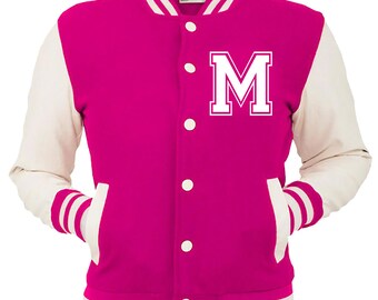 Personalized Pink Varsity Jacket, Base Ball Jacket, Letterman Jacket Pink & White - Custom Letter M