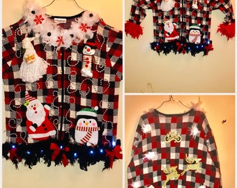 Ugly tacky Christmas Sweater Santa With Boas and Lights and lots of trinkets all on a unique Checkered Sweater (Award Winner) Size-1X