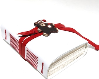 Santa Bear - White Leather Journal or Sketchbook, Blank Book - Handmade