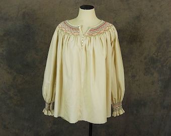 vintage 70s Peasant Blouse - 1970s Boho Smocked Cream Balloon Sleeve Poets Blouse Shirt Sz M L XL
