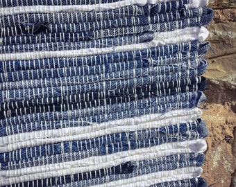 Thunderhead- Woven Rag Rug- 41x27 Blue and White Denim Rug, denim rug, denim rag rug, blue jean rug, woven denim rug, blue rug woven rug rag