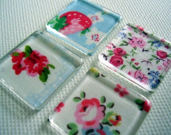 Set of 4 Cath Kidston print square glass tile magnets / fridge magnets / kitchen magnets / made to order