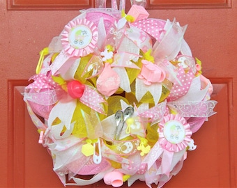 Baby Girl Mesh Wreath, It's A Girl Wreath, Baby Shower Wreath, Pink and Yellow Mesh Wreath, Nursery Wreath, Infant Wreath, Gender Identity