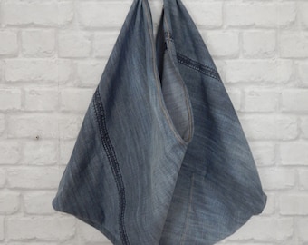 Zero Waste Shopping Bag Triangle Bag Recycled Denim and Leather
