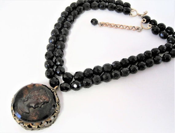 Cameo Pendant Necklace, Black Glass Bead Necklace, Double Strand Crystal, Wired Beads , Jet Black Beads - Upcycled Necklace
