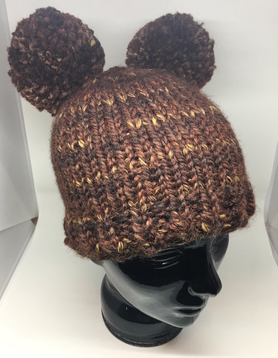 variegated brown double pompom winter hat