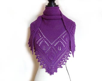 Purple plum hand knitted lace shawl, purple plum alpaca/silk lace shawl, triangular shawl with leaf pattern, warm shawl, gift for her