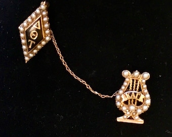 Vintage Circa 1930 14k Gold Enamel & Seed Pearl Delta Theta Tau Sorority Pins