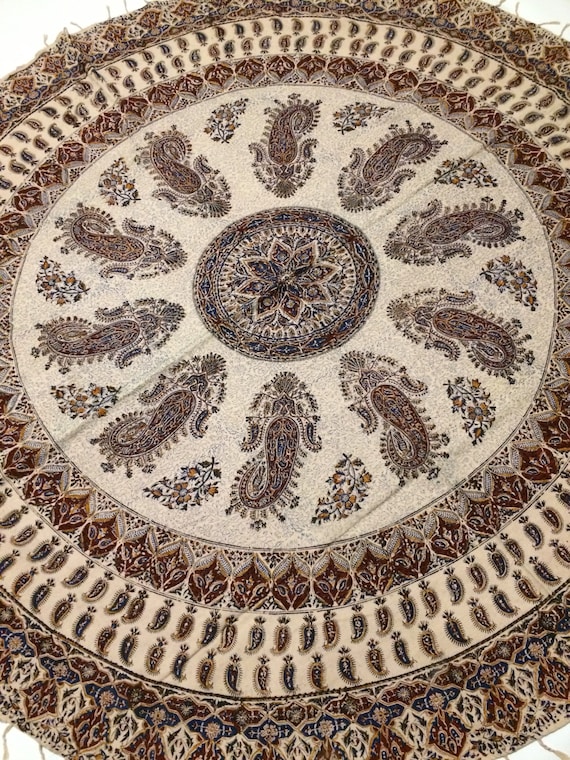 Calico fabric with natural dyes , round tablecloth 70 inches with tassels, bohemian, traditional cloth, middle eastern, hand printed fabric