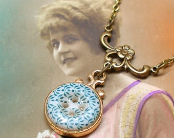 Calico Antique BUTTON necklace, Victorian china with green leaves on brass chain. One-of-a-kind button jewellery.
