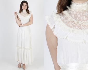 Gunne Sax Dress Boho Wedding Dress Prairie Dress Maxi Dress Bridesmaids Dress Vintage 70s Ivory Sheer Floral Lace Bridal Bridal Long Dress S