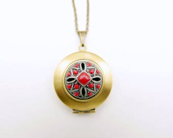Red flower hand painted locket necklace, 1616m