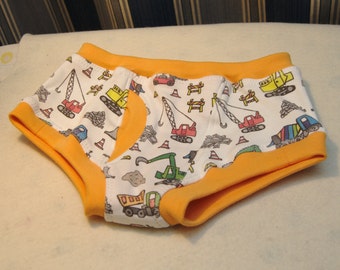 Construction equipment organic boys briefs, toddler underwear and training pants, print with cement trucks, backhoes, cranes, etc.