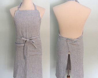 Blue Checked Apron, Pocket and Towel Loop, Blue Gingham Apron, Mens Linen Apron, Blue Checkered Apron, Adjustable, Extra Wide, No Neck Ties