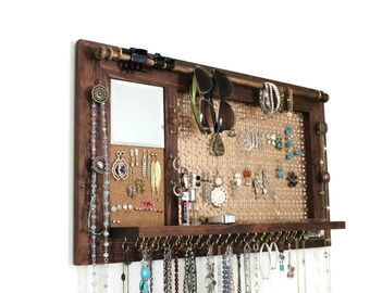 Jewelry Organizer - Wall Hanging Jewelry Shelf with Mirror // Jewelry Display //Jewelry Holder // Jewelry hanger