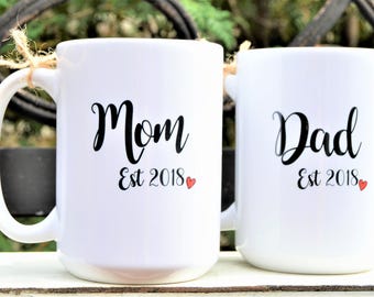 New MOM or DAD Est. Year Mugs, Cute Pregnancy Announcement or New Baby Gift, Mommy and Daddy Mugs, Coffee mugs for new parents
