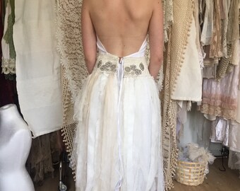 Unique statement wedding dress,rich embellished wedding dress,ripped tulle,bohemian couture,rhinestone,handmade,empire style belt,wow factor