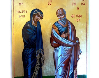 The Virgin With St. John The Theologian, Theotokos Katafigi original icon, 12 x8 inches